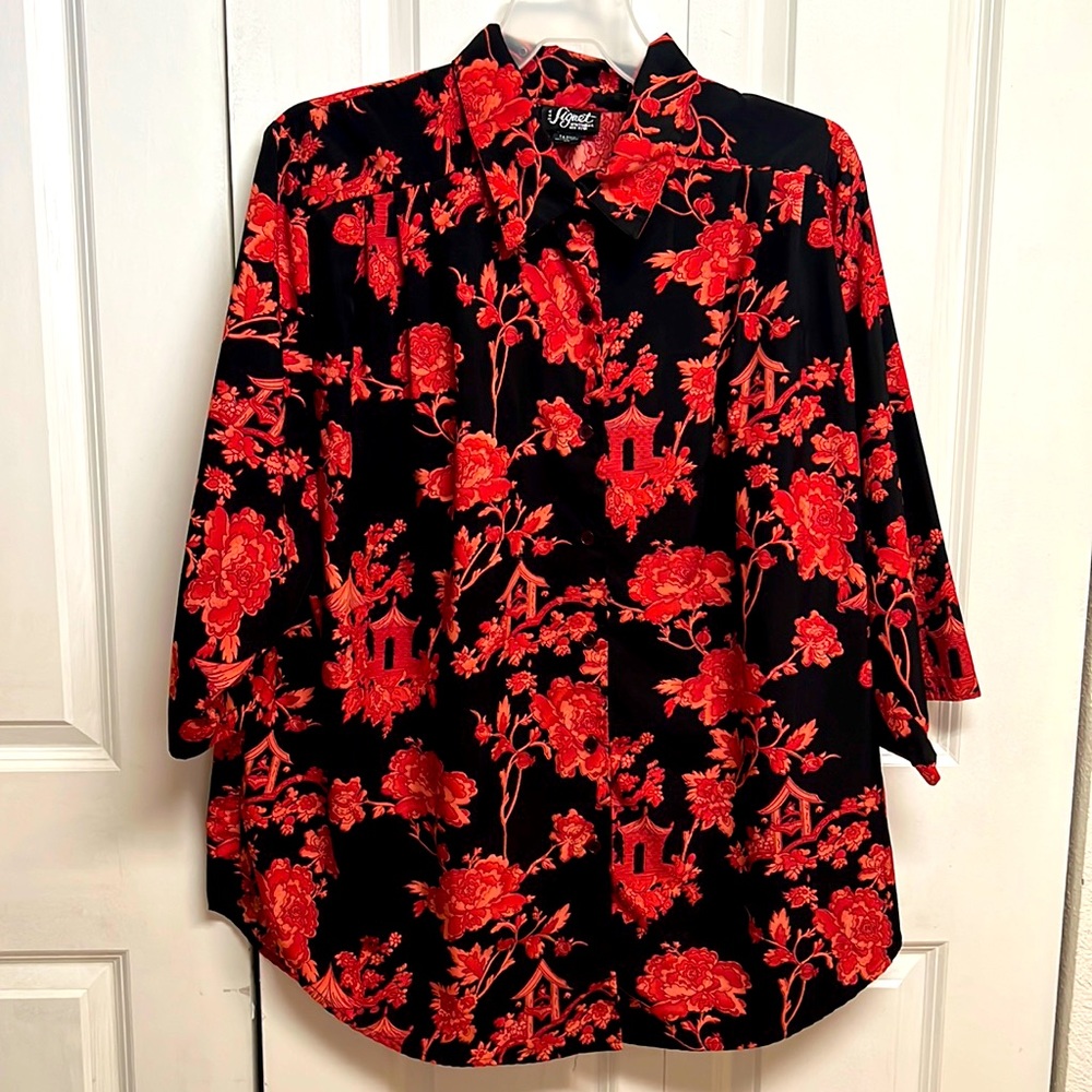 Vintage Signet Black Shades of Red Japan Floral Print Mid Sleeve Size 3X